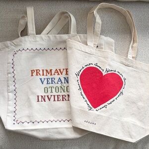 Sézane Canvas Tote with Red Heart and Multicolor Embroidery